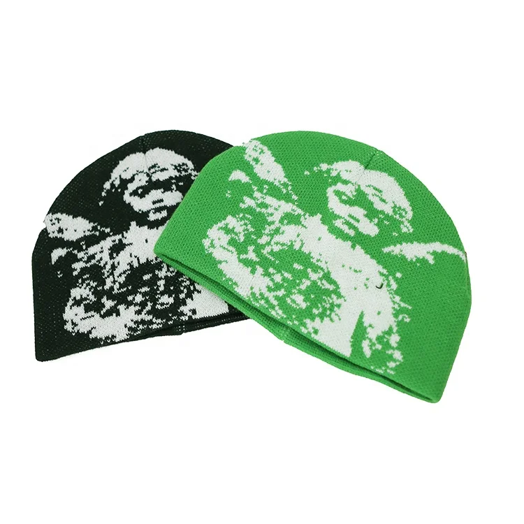 All Over Print Winter Knitted Angle Jacquard Beanie Hats Durable Sports Cap Custom Logo Embroidery Cuffless Toque Unisex