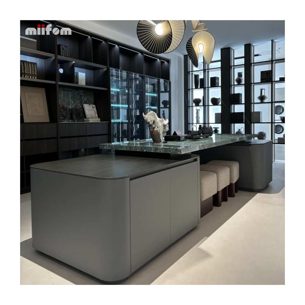 high-grade grey slate back panel smart lighting transparent partition no handles artistic glass display cabinet with arc island