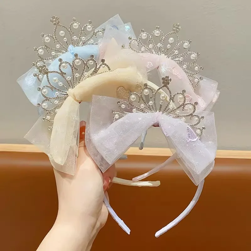Princess Temperament Crown Tiara Little girl Gauze bow Pearl headband Pleated lace embroidery headband Headband