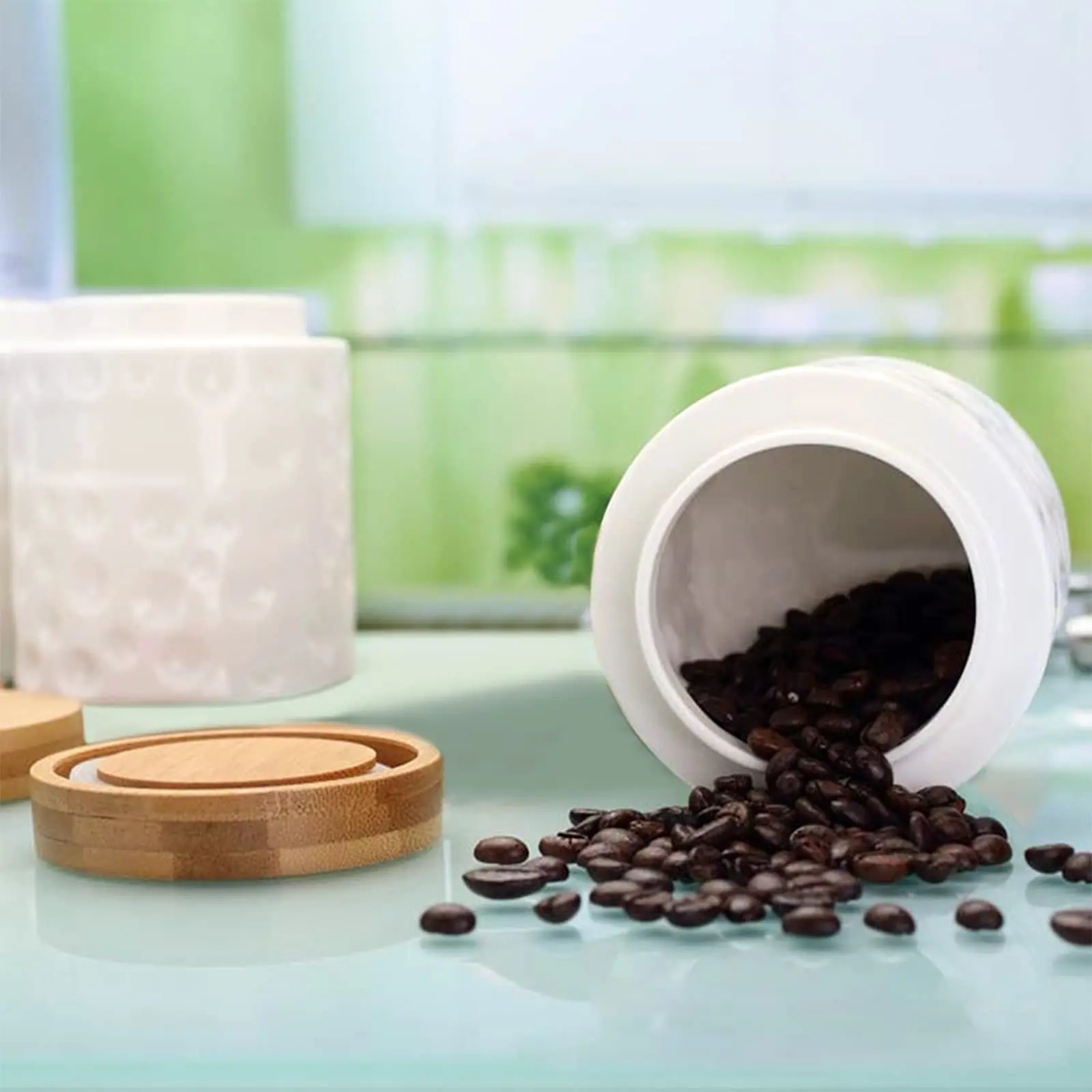 3 Pack Porcelain Food Storage Jars,Ceramic Cookie Small Canister With Bamboo Wood Lid And Label,Coffee Tea Sugar Containers