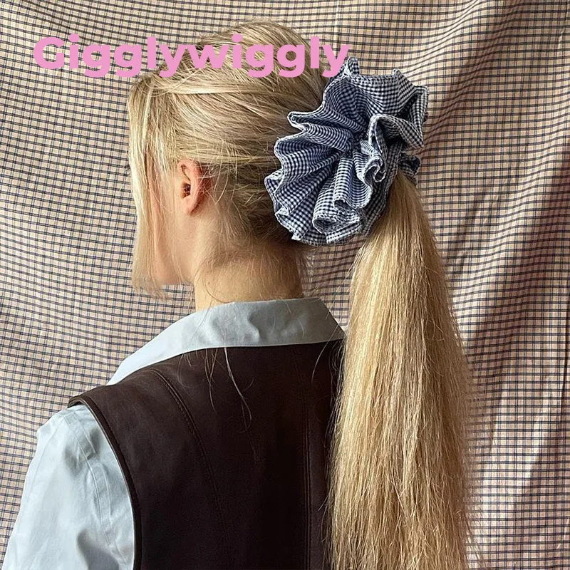 Fashion Korean 18cm Oversized XXL Large Plaid Fabric Puffy Scrunchies For Girl Pleated Double Layer Checked Hair band Accessory