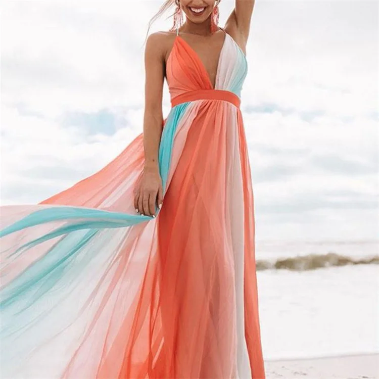 Женское Повседневное платье-комбинация с глубоким V-образным вырезом Радужное Сетчатое пляжное платье до пола на бретельках весна-лето 2023