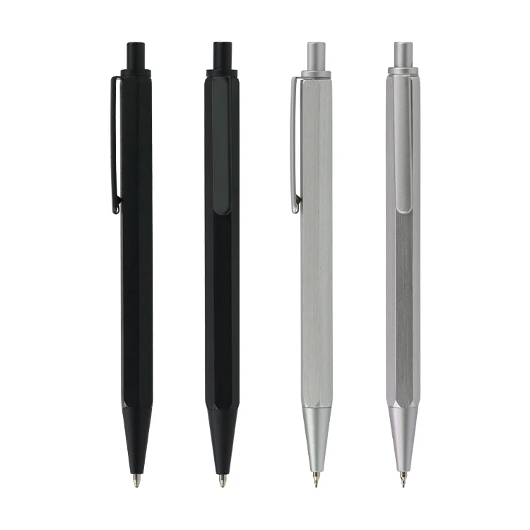 Simple Design Smooth Writing Sliver Grey Metal Hexagonal Pen with Oily Ink