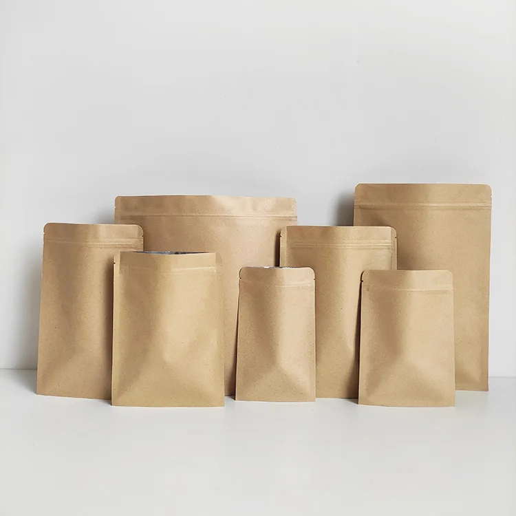6x8cm plain small ziplock aluminum foil coated flat brown craft kraft paper bags
