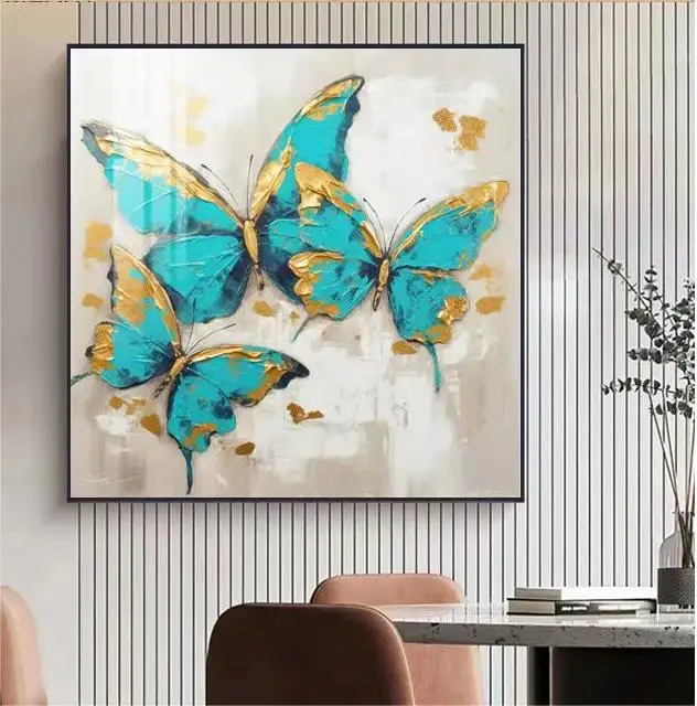 Large 3D Texture Blue Gold Butterfly Modern Oil print Painting on Canvas Custom Living Room Wall art Decor Animal Paintings