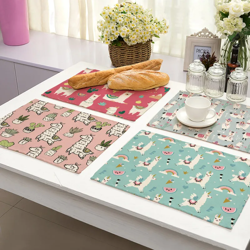 
Cartoon cute alpaca animal printed cotton and linen cloth western place mat 