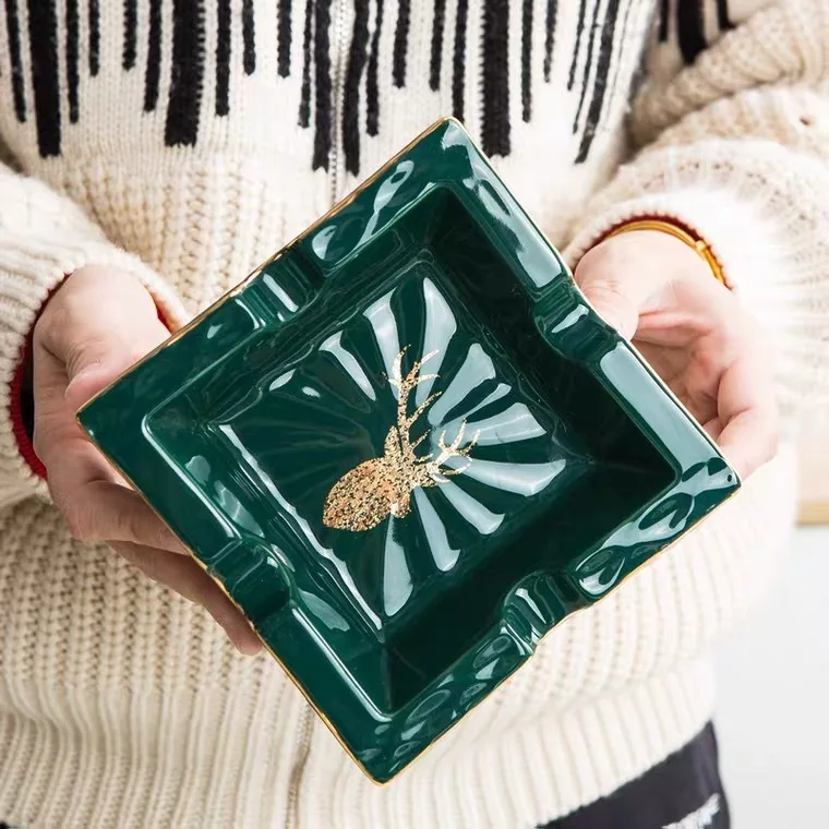 Wholesale Modern Nordic Luxury Square Green Ceramic Cigar Ashtray