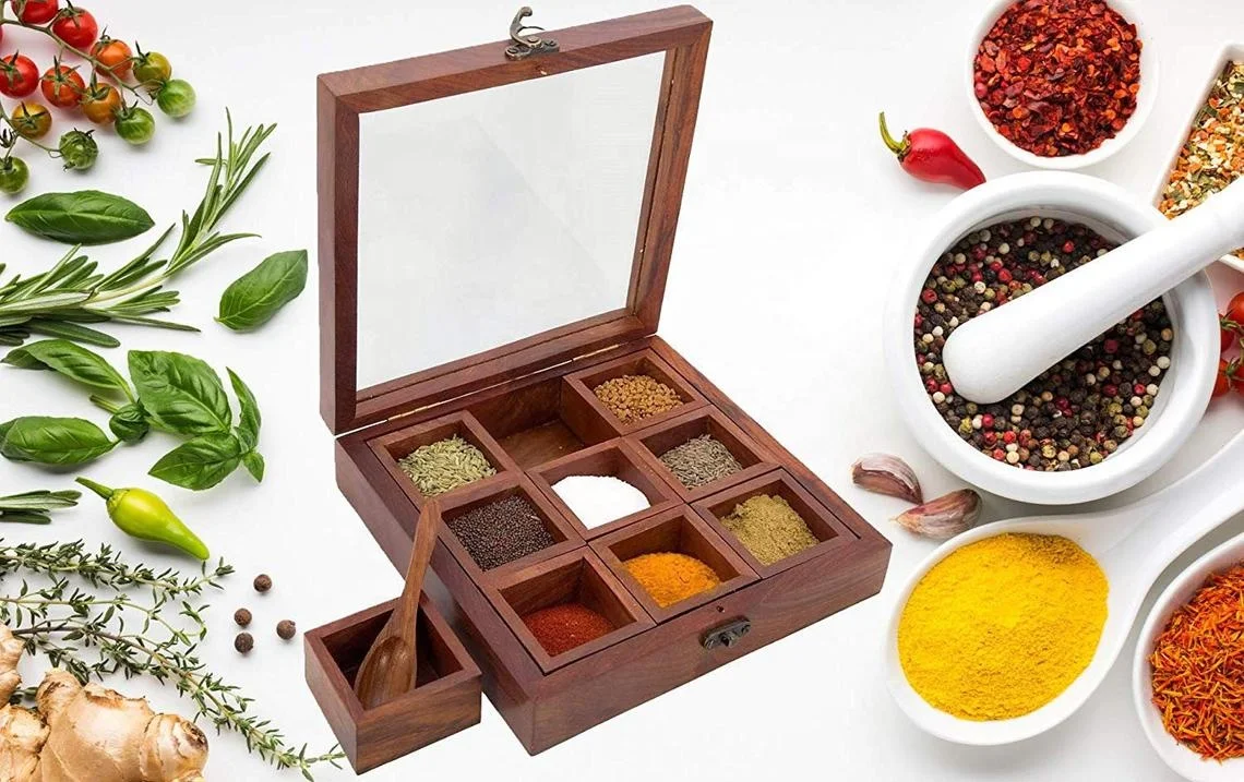 Wooden Spice Box set of 9 Containers Table Top Masala Dabba Containers Jars with Spoon