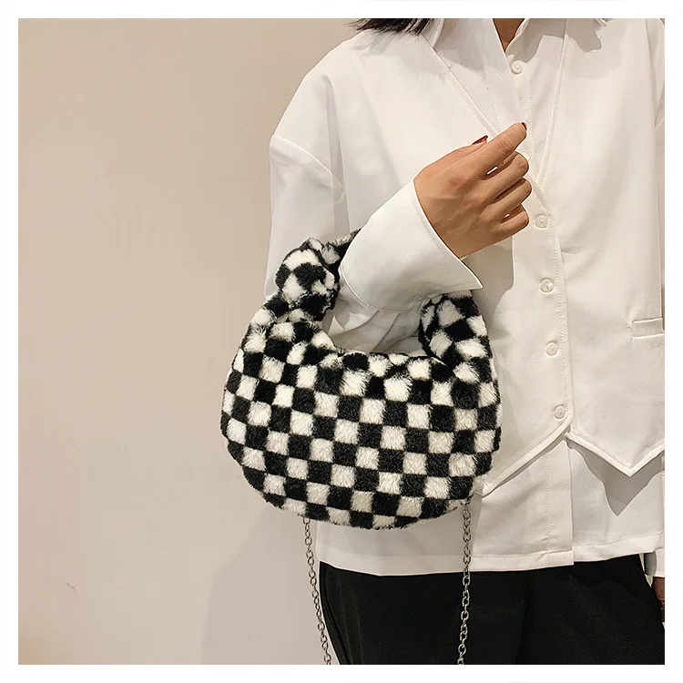 Fashion Winter Bags For Women Cute Furry Purse Leopard Print Handbags Lady Fuzzy Cow Shoulder Tote Women Fur Underarm Bags