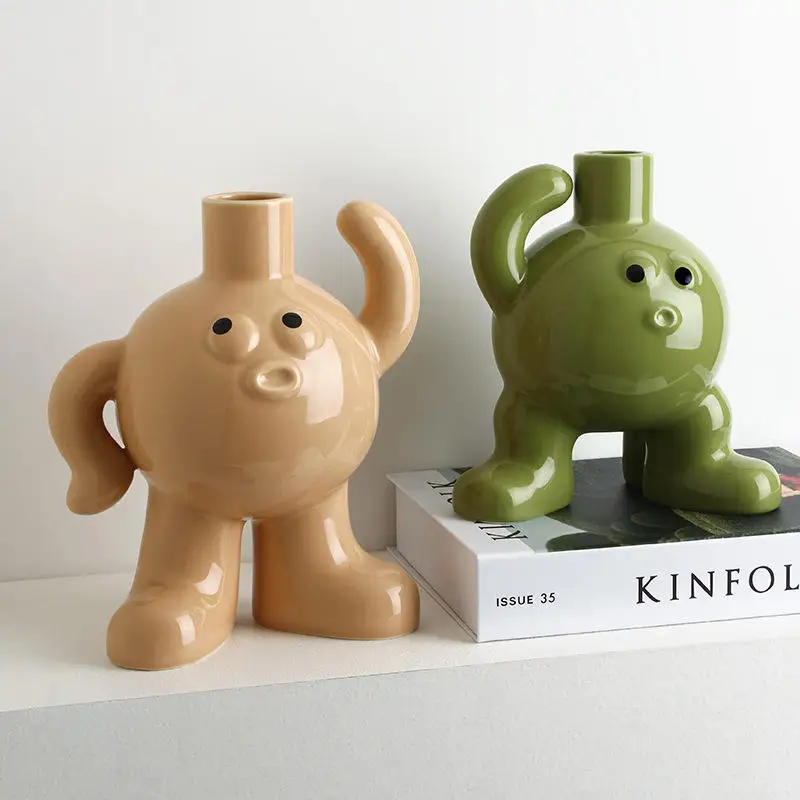 Wholesale Custom Cute Ins Style Big Feet Doll Figure Macaron Green Yellow Beige Color Bud Ball Ceramic Small Vase