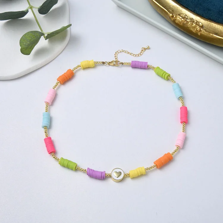 NM1235 Bolo Vintage Ethnic Colorful Polymer Clay Disc Bead and Tiny Gold Beads Boho Heart Pendant Necklace Femme Beach Necklace