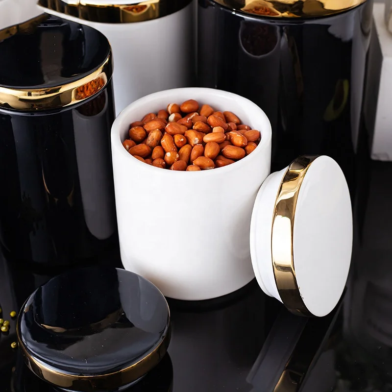 Gold Rim Airtight Food Storage Container Jar Ceramic Kitchen Sugar Coffee Tea Food Canister Storage Jar Luxury Canister
