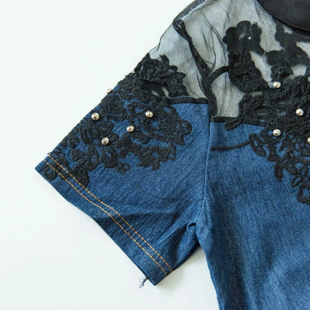 Plus Size S-4XL Embroidery Patchwork Lace Denim Dress Women Short Sleeve A-line Jeans Dresses D9N101B