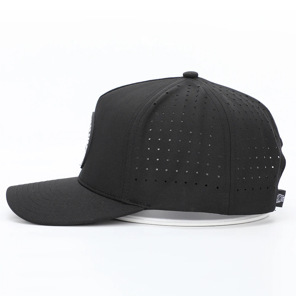 Custom High Quality Melin Rubber PVC Logo Sport Running Cap,Laser Hole Breathable Black Gorras,Waterproof 5 Panel Baseball Hat