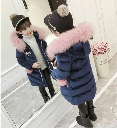
Kids Girls Thick Velvet Quilt Jacket Fur Collar Long Parka Coat Overwear Winter 