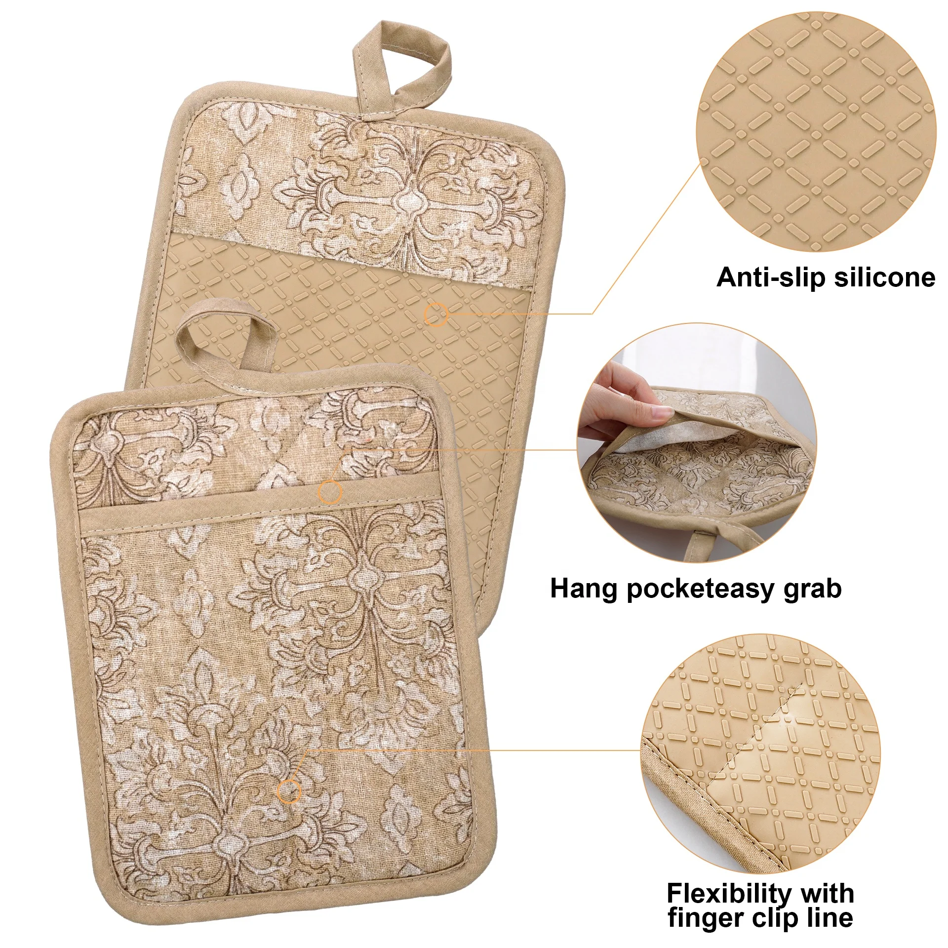 5 piece set flower pattern Brown waterproof cotton apron cotton two Anti scalding oven gloves silicone two Checkered  pot holder