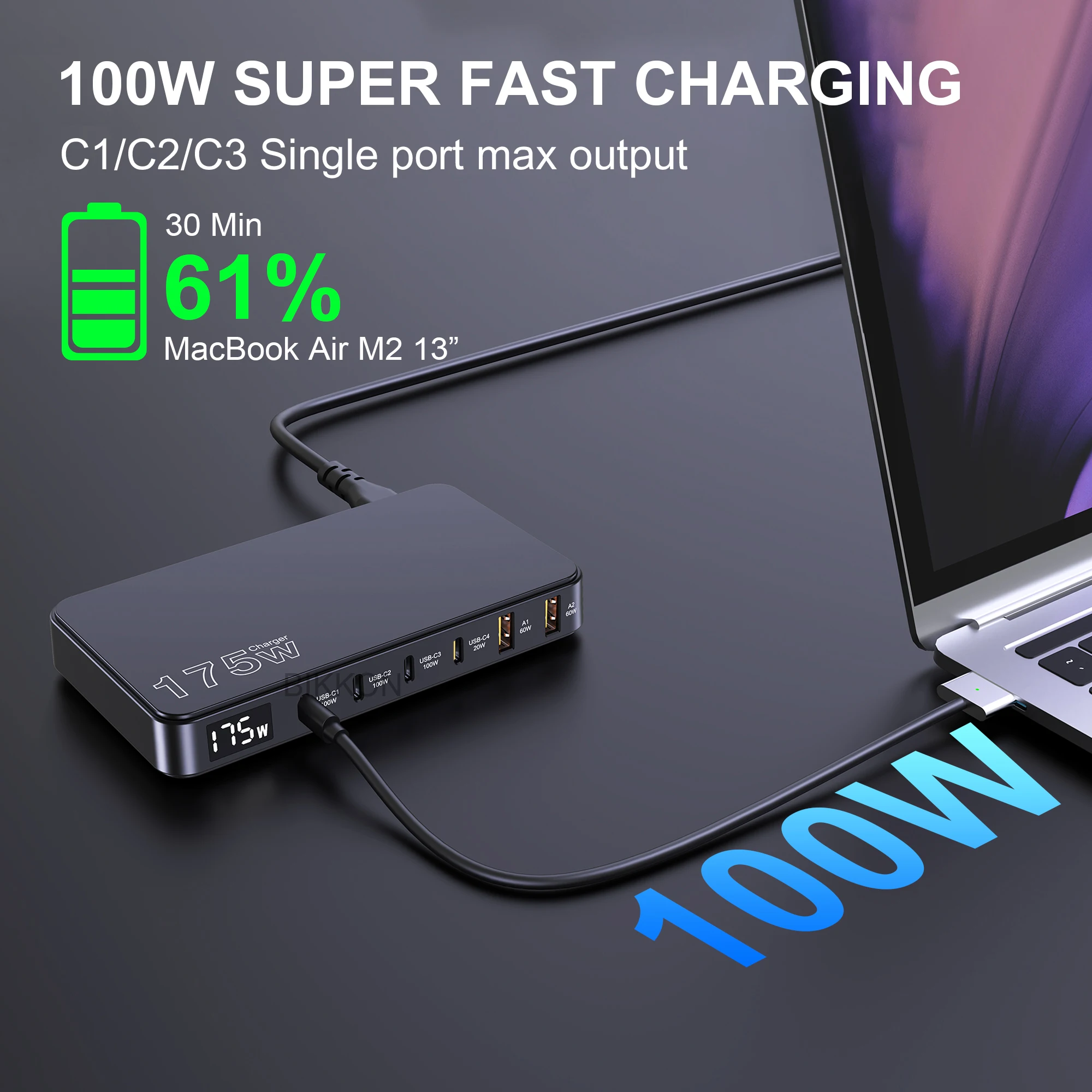 USB C Charger 175W 6 Ports Type C Charging Station Multiple Device 4C2A LED Display PD 3.0 100W Fast GaN Adapter for Macbook pro