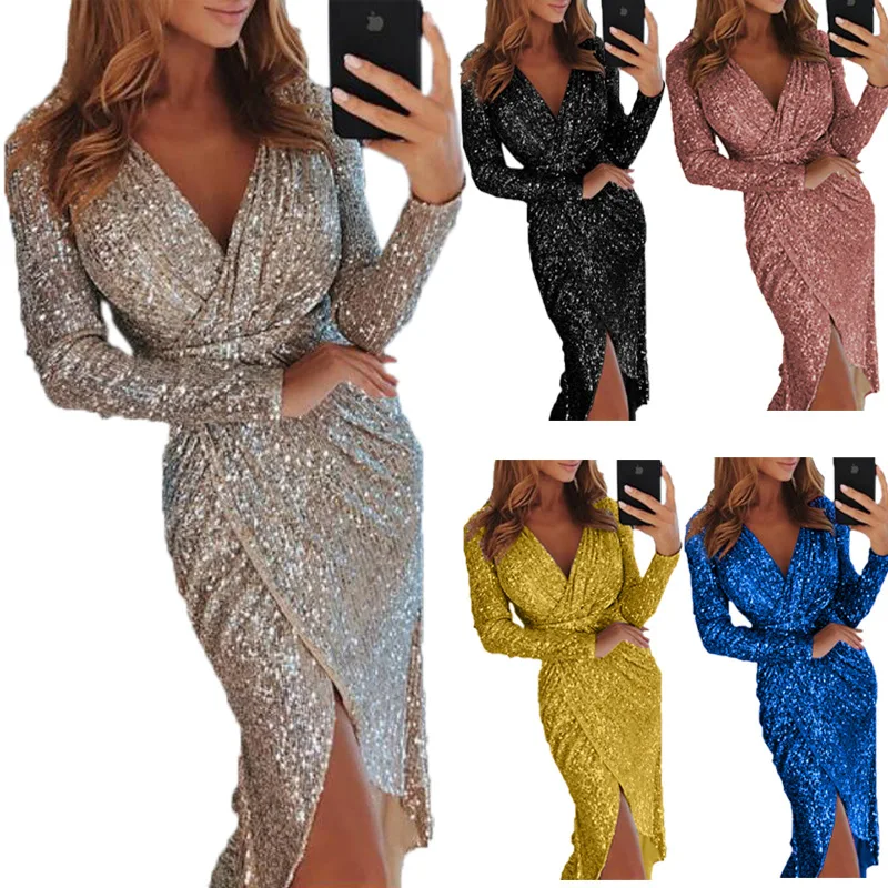 
Ladies Hot Stamping Long Sleeve V-neck Glittering Glitter Dress Dress Sexy Dinner Party Dress 