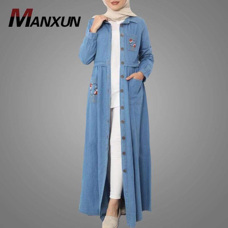 Latest Fashion Long Sleeve Dubai Clothes Hotsale Denim Embroidered Maxi Dress High Quality Islamic Clothing Moroccan Abaya