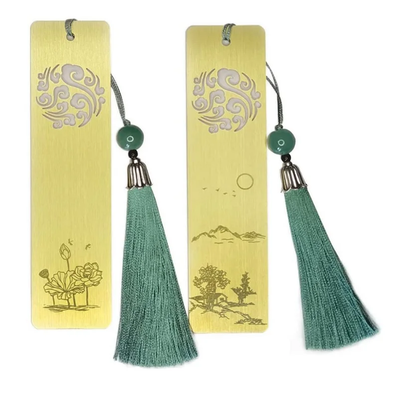 custom UV print logo etched engraved  metal cooper brass bookmark with Tassel