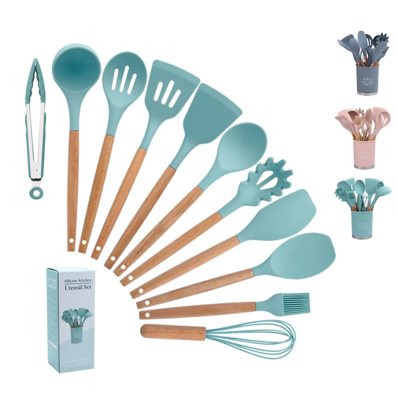 Silicone Kitchen Utensil Set Non-Stick Accessories Cooking tools 12 pcs set KITchenware With Beech wooden handle