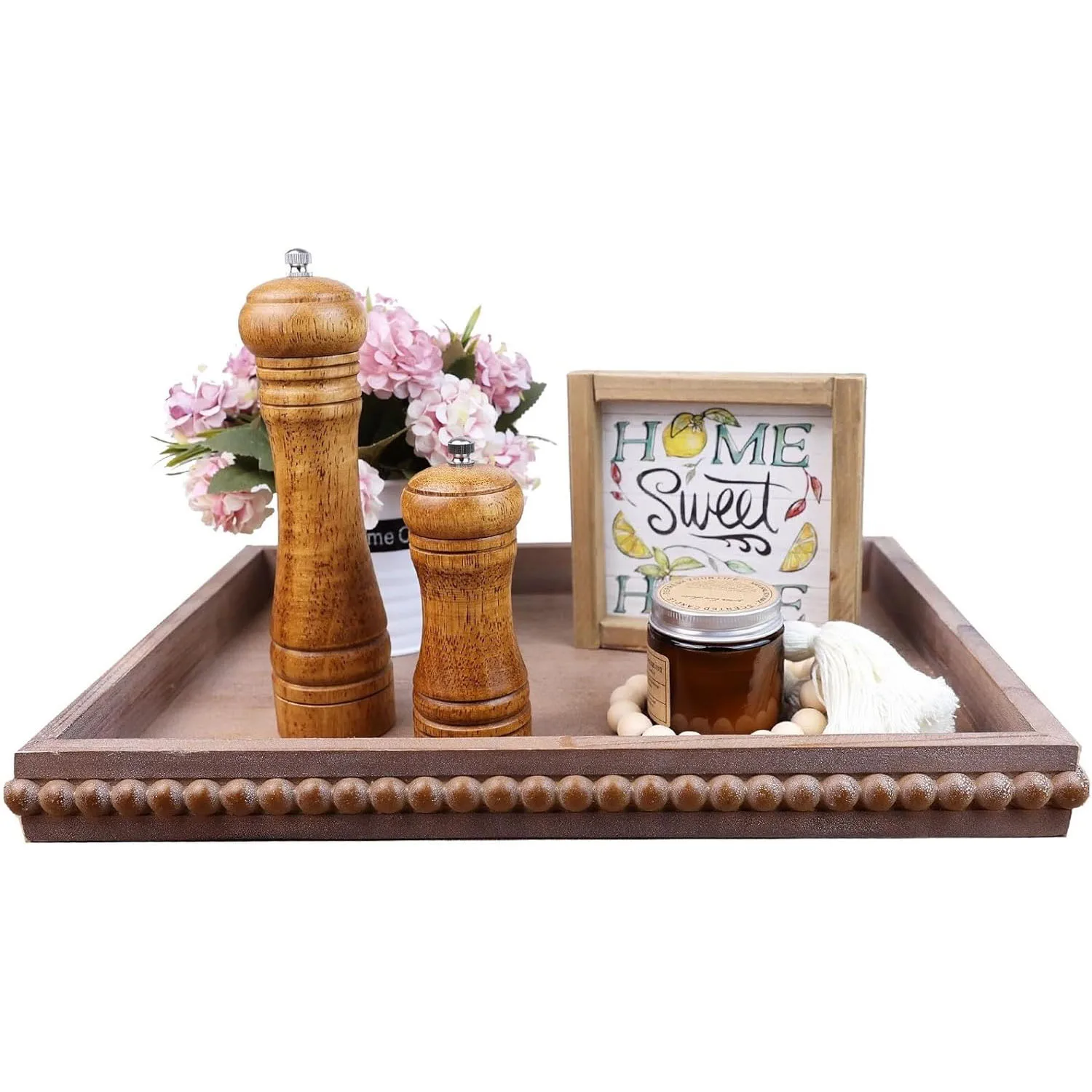 Rustic Wooden Trays Decor Farmhouse Kitchen Decorative Serving Tray Wood White Washed Bead Oval Tray for Coffee Table