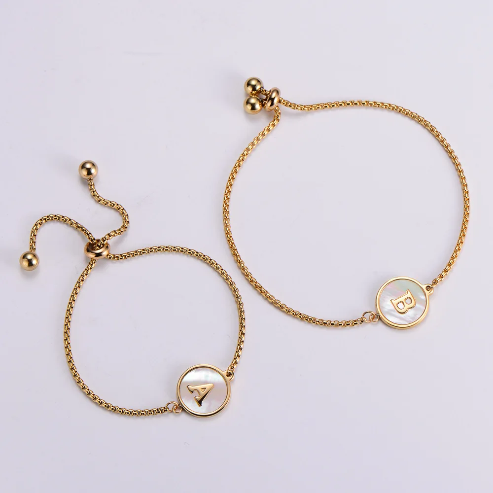 Hainon 2022 Stainless Steel bracelet Electroplated 18k Gold Circle Plate White Shell Adjustable A-Z Letter Bracelet