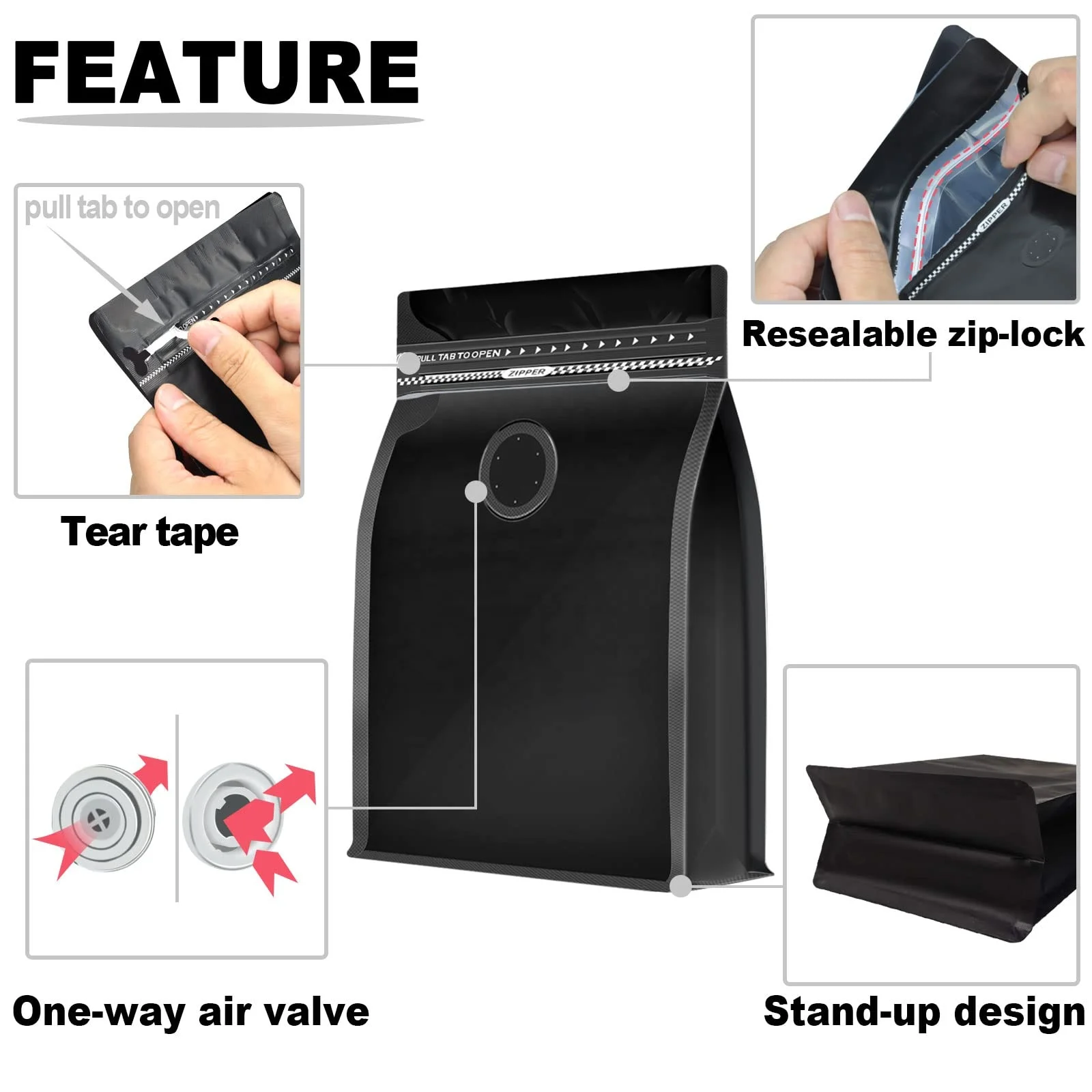 3-tier Design Barrier Store 16oz Blackcoffee Bag Custom Print With One-way Air Valve For Nut Snacks Candy Flowers