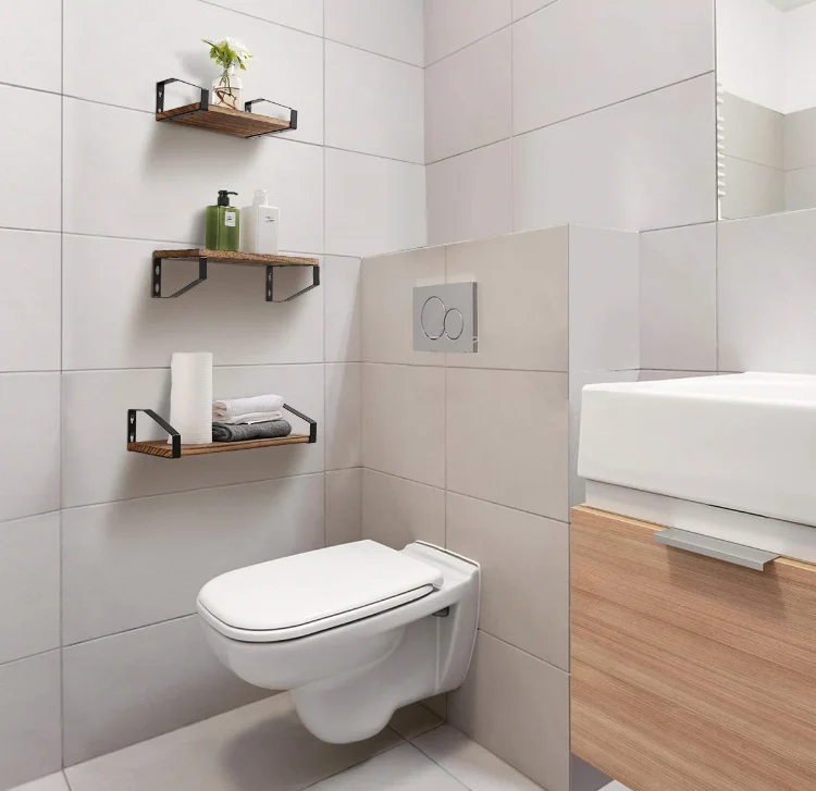 
Floating shelves wall mounted home decor wooden metal wall shelf for bathroom 