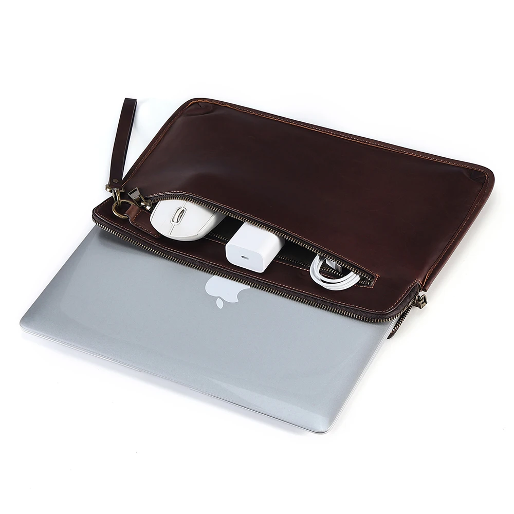 Handmade Cowhide Leather Men Cluth Bag with Wrist Strap Genuine Leather Laptop Macbook Sleeve Case for 14.2 inch Macbook Pro