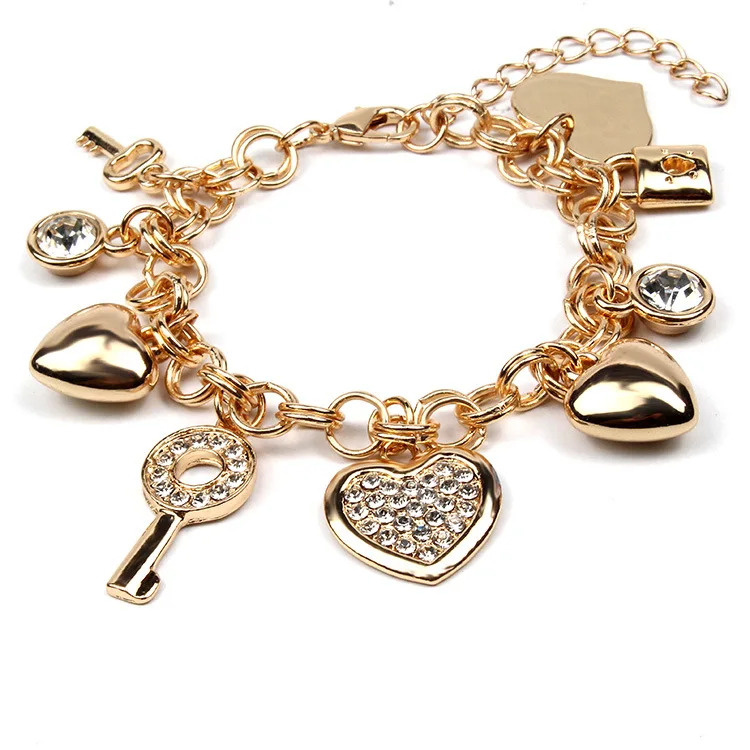 Wholesale Retro Diy Accessories Shiny Crystal Key Lock Heart Charm Bracelet For Women