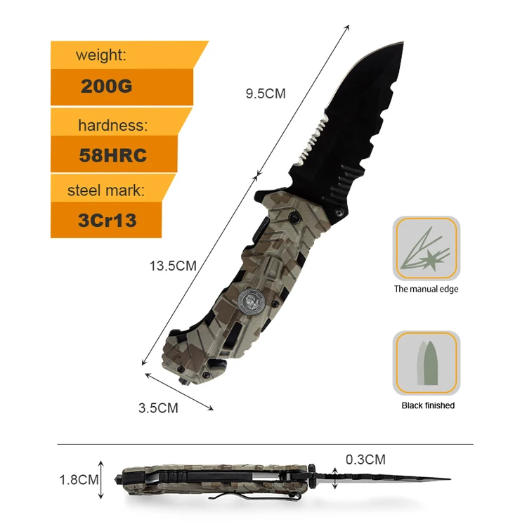 Free Sample Camo Plastic Handle Pocket Hunting Camping Backpacker Folding Knife Outdoor EDC Serrated Blade Survival Rescue Knife
