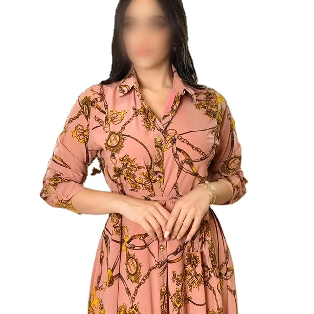 Latest Design Middle East Muslim Dress Indonesia Vintage Print Large Swing Skirt Shirt Dress Elegant Casual Dresses