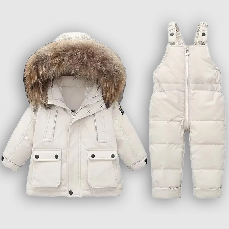 Wholesale Duck Down Hooded Jacket +Bib Pants 2 Pieces Infant and Toddler Baby Boys/Girls Snowsuit Winter Baby Clothing Set