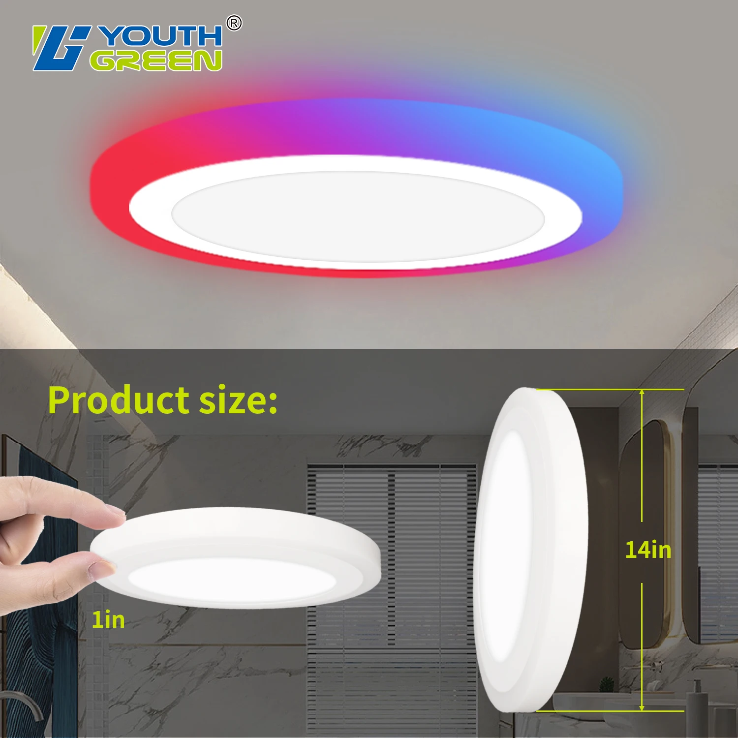 5cct Switchable Round Flush Mount Panel Light Youth Green Aluminum+PC Body WIFI Control Main Light With RGB Night Light