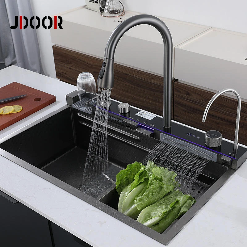 JDOOR черная светодиодная многофункциональная кухонная раковина с цифровым дисплеем ручной работы SUS304 /201