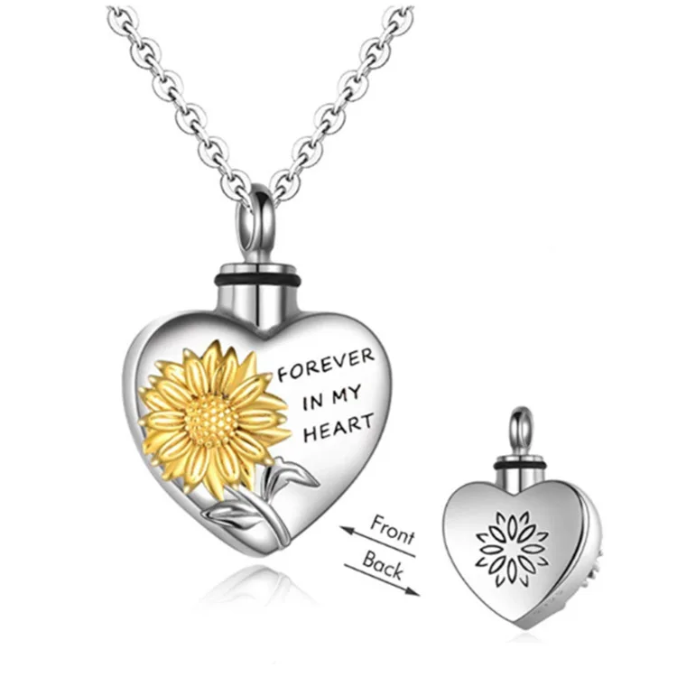 Always In My Heart Sunshine Flower Heart Perfume Bottles Urn Cremation Pendant for Missed Loved Ones Best Gift