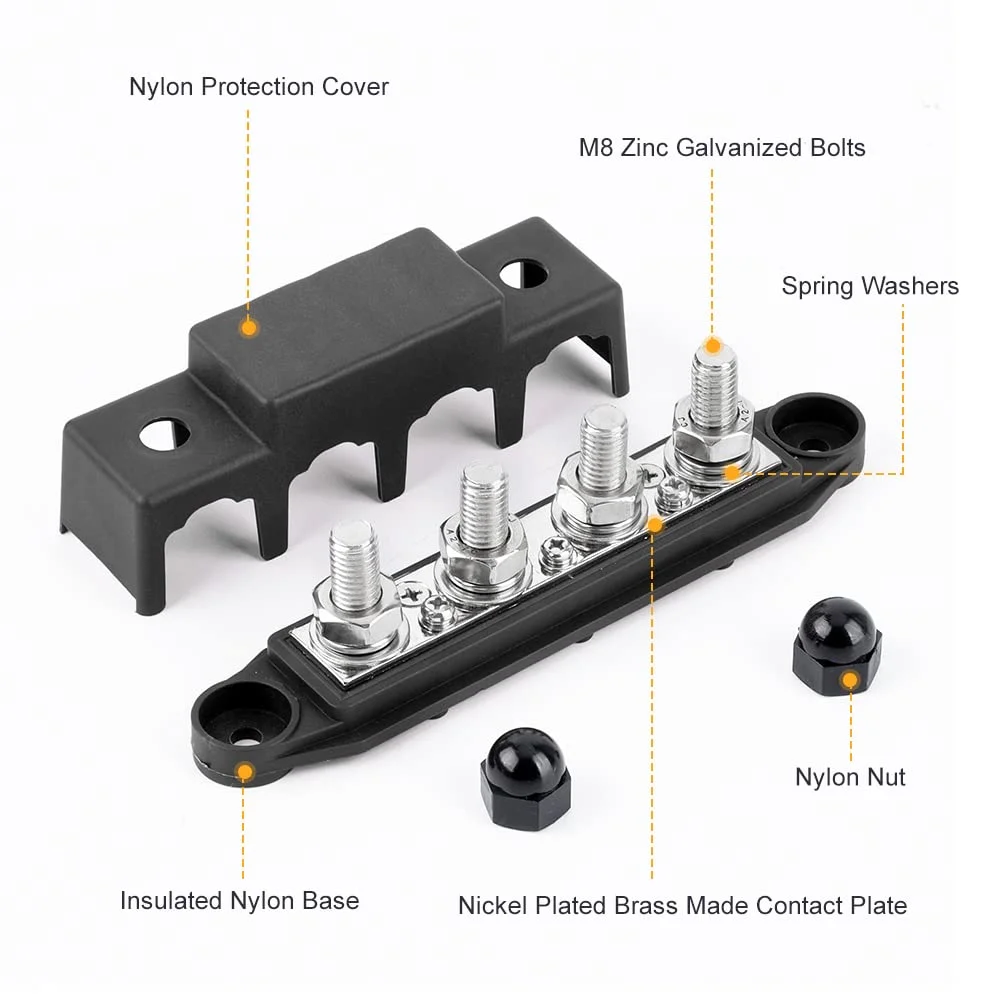 12V 250A Big Current Automatic Marine Power Busbar Power Terminal Distribution Block  4*M10 Studs and 3*M4 Screws with Cover