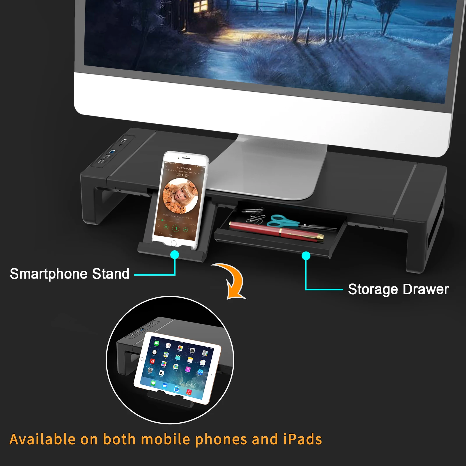 New Monitor Stand USB-C Hub with drawer Mobilephone Holder 5 in 1 Foldable Laptop Stand USB3.0/2.0 Type-c charging Data transfer