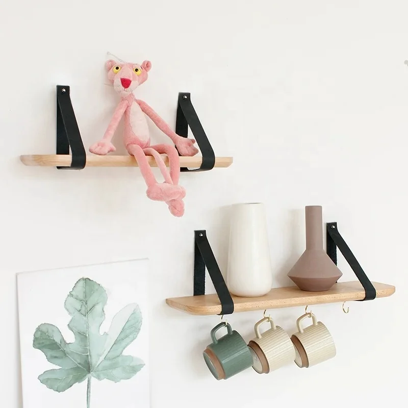living room Wall Mounted Wooden Wall Hanging Wood Shelf floating Book Shelf with Leather Stra
