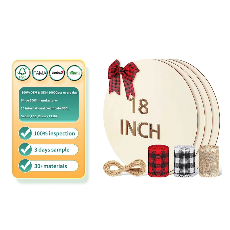 Wooden round unfinished country round wooden hollow blank card decorated with DIY crafts at Christmas.