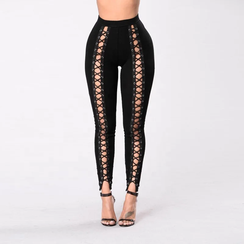 
Hot Selling Leggins Gym Bandage Dew Leg Anticellulite Leggings Butt Lift Tight Lace Up Front Leggings 