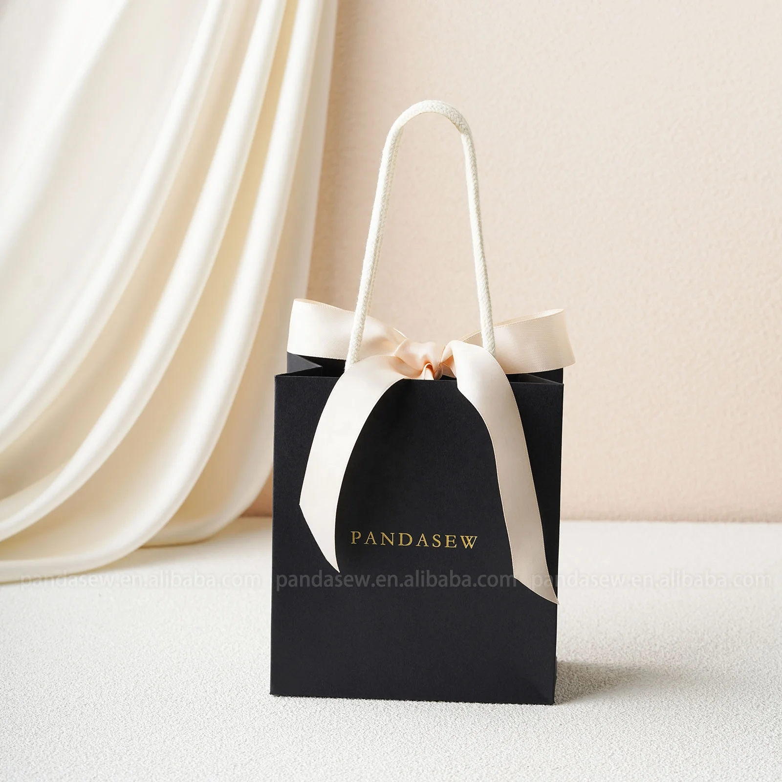 PandaSew Custom Logo Printed Black Gift Paper Bags with Ribbon Rope Kraft Handle Shopping Paper Bag