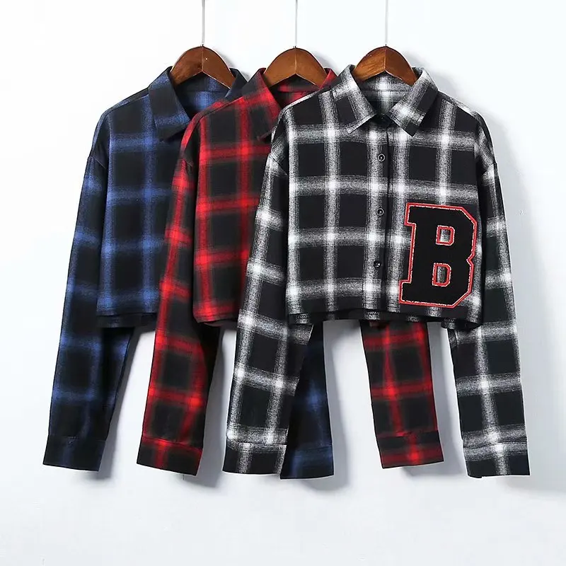 Ready to ship fall autumn trendy fashion casual plaid print women blouses cotton shirt