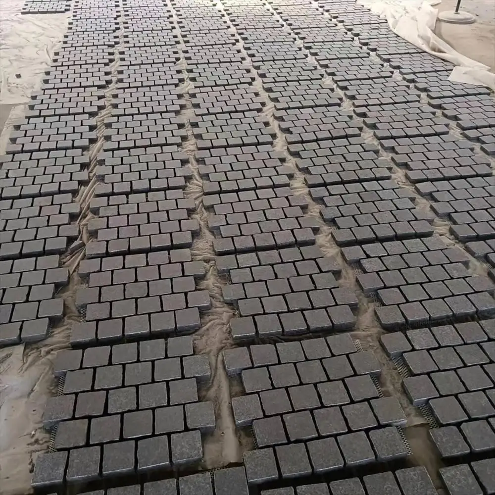 Black Basalt Paver Stone Fan Shape Cobble Stone Meshed Pavement Mats Granite Patio Driveway Paving Stone