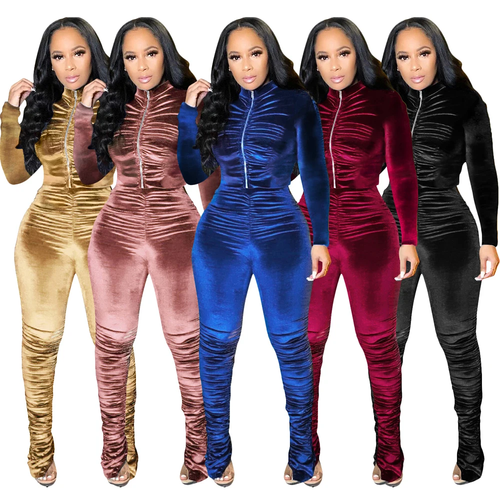 2021 Fashion casual winter jogger sweatsuit folds velvet sets for women two piece