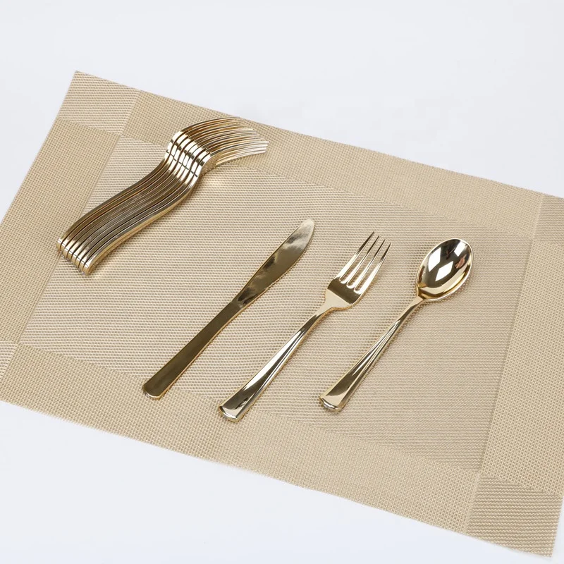 Heavy Duty Bulk Wholesale Elegant Golden Disposable Silverware Fork Spoon Knife Gold Plastic Cutlery