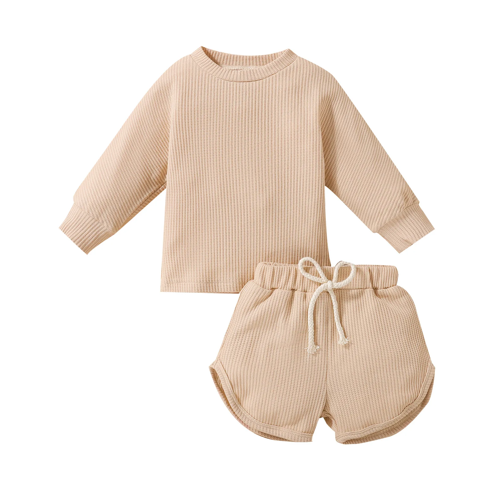 17324 Logo Custom Children Baby Boys Girls Long Sleeve Top Draw-string Shorts Cotton Toddler Waffle Kids Set