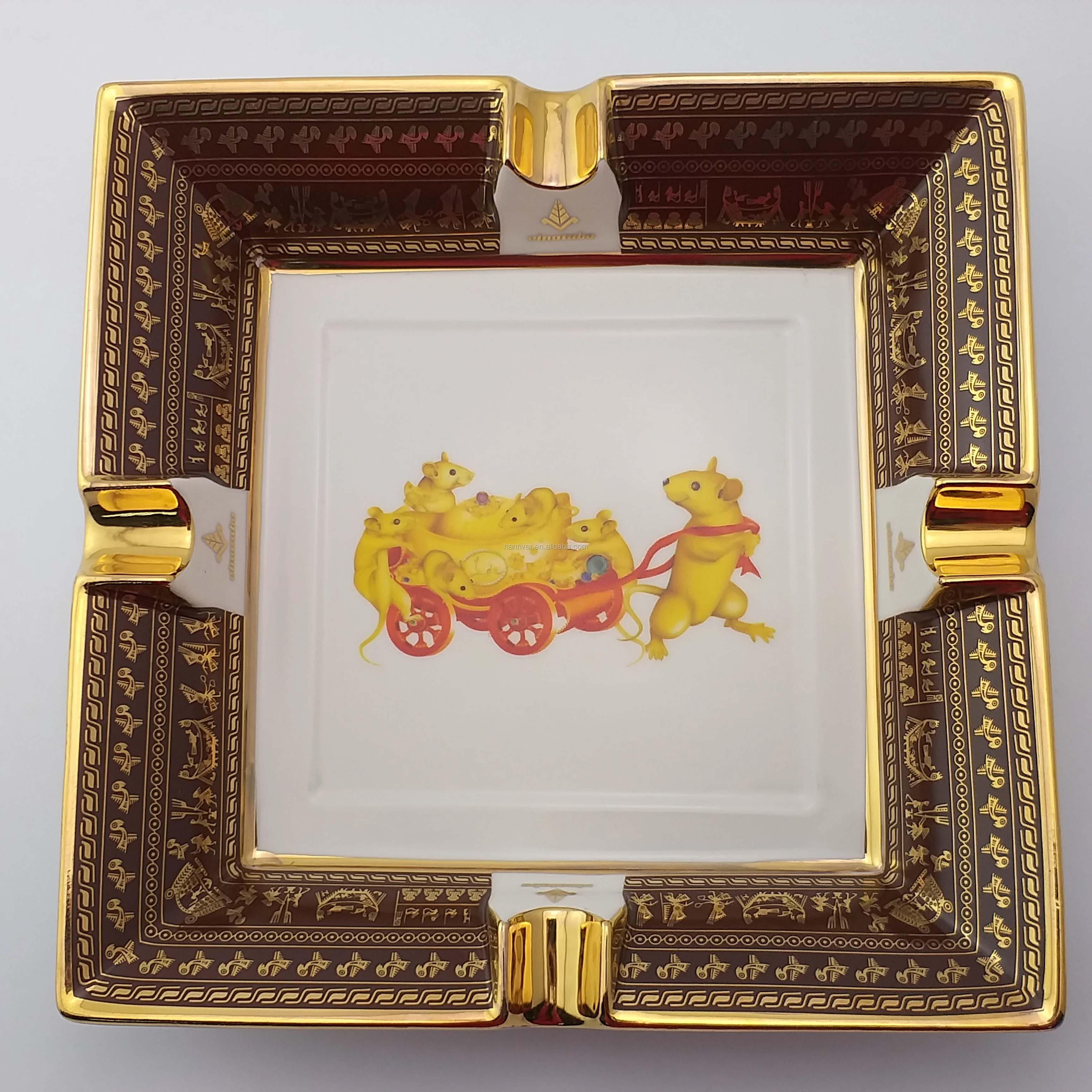 New bone china square ceramic cigar ashtray with customized logo and hand paint 4 full gold cigar rest