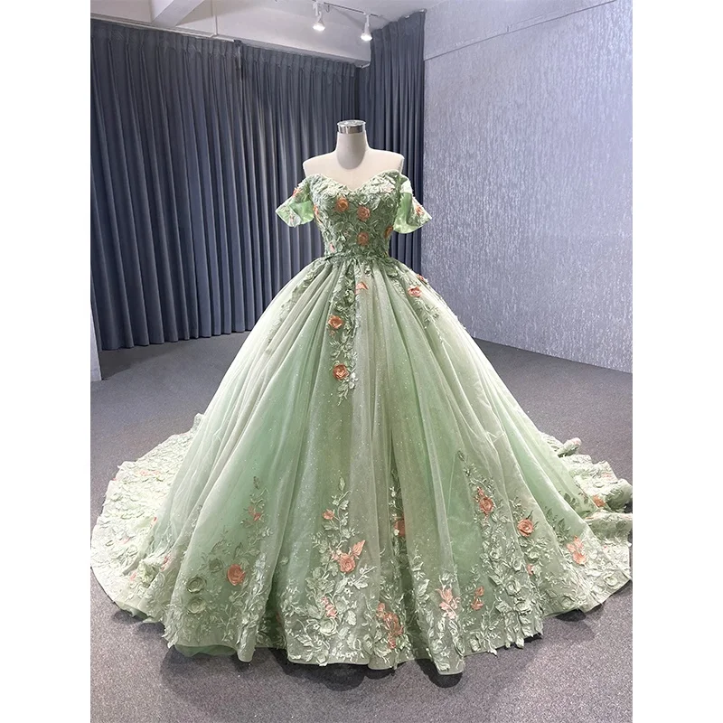 Girls Baby Green Off Shoulder Applique Tulle Ball Gown Teen Princess Luxury Sparkly Women Prom Dresses Evening Party Gown